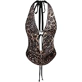 Verdusa Women's Plus Size Y2K Halter Going Out Crop Tops Cheetah Print Sequin Top Backless Corset Plus Brown 3X-Large Plus