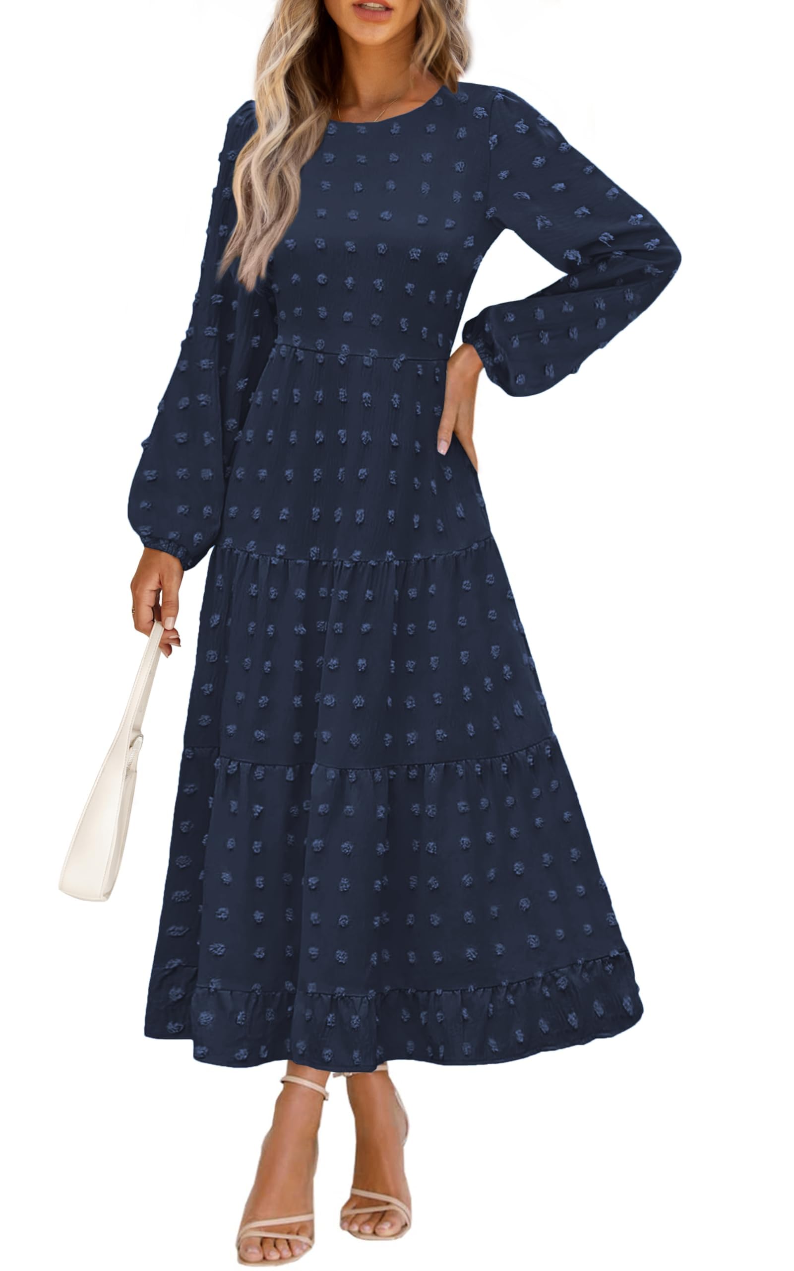 Photo 1 of PRETTYGARDEN Women's Fall Spring Elegant Long Sleeve Maxi Dress Swiss Dot A Line Flowy Casual Holiday Party Going Out Dresses (Navy,X-Large)
