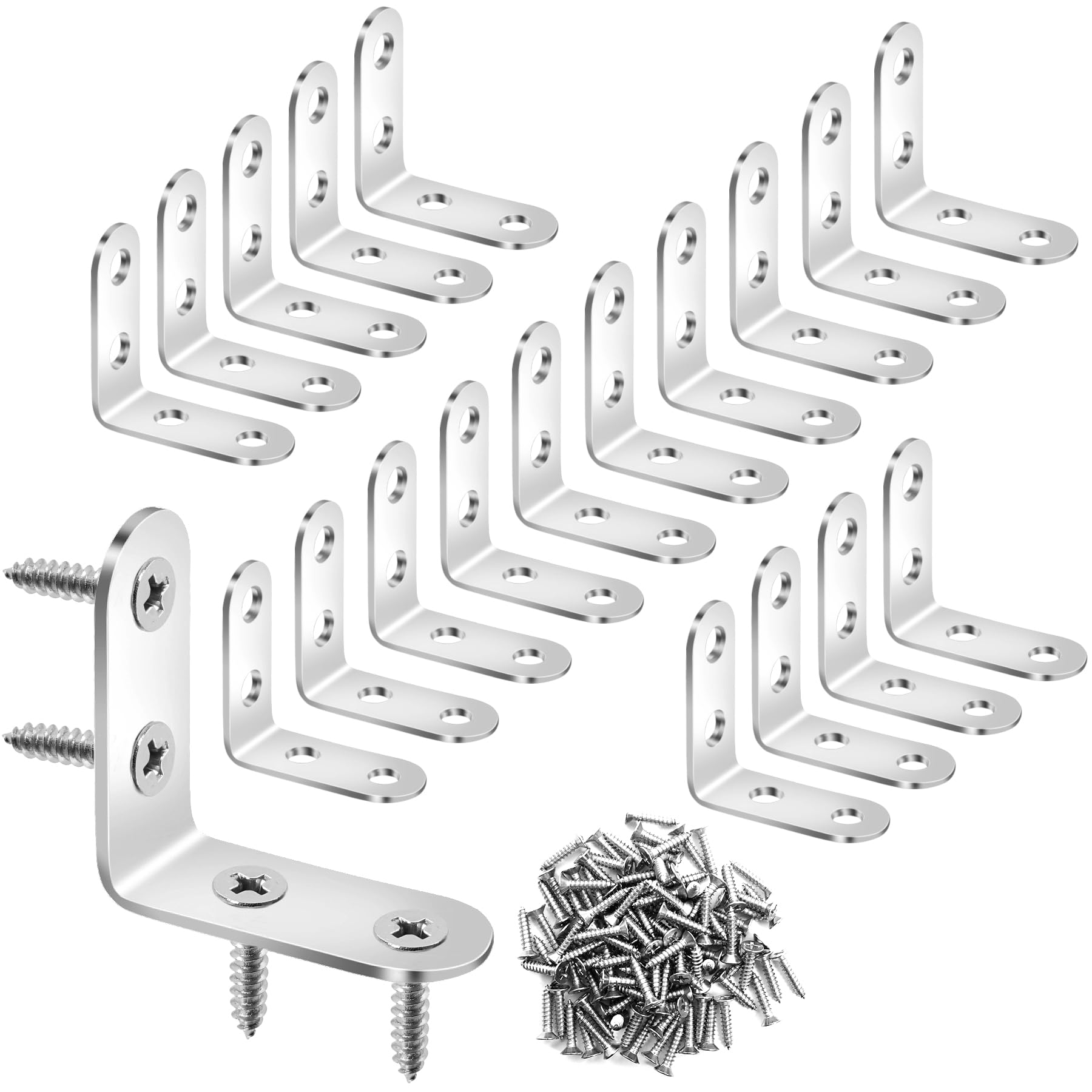 24 Pcs Corner Braces 40 × 40mm.Stainless Steel L Brackets.90 Degree Corner Braces for Wood Furniture.Small Angle Brackets with 96 Screws.Fixed Corners for Shelves, Desk, and DIY Projects