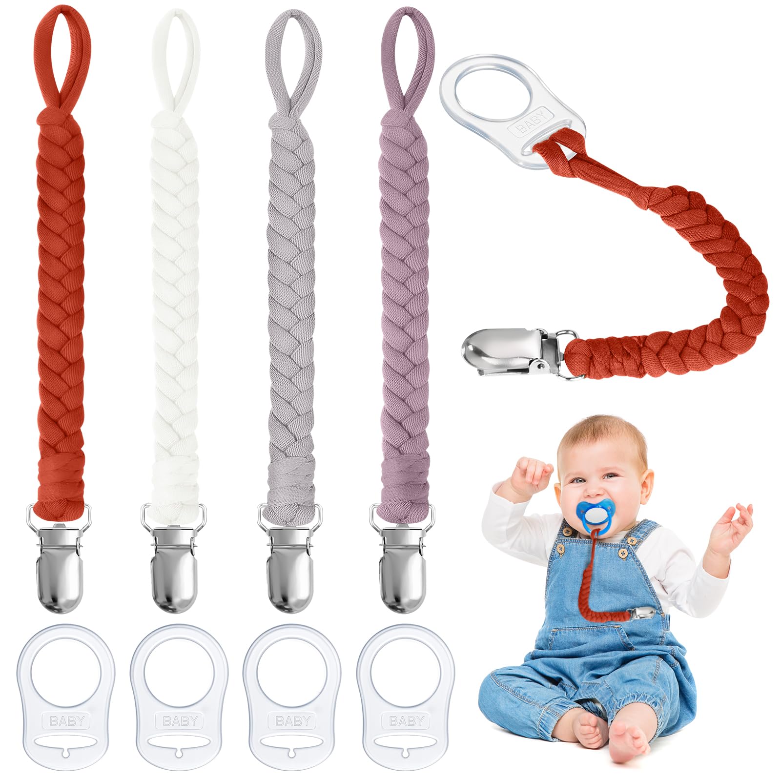 Aolso Dummy Clips Pacifier Chain, 4pcs Dummy Pacifier Chain with 4pcs Clip Adapter, Silicone Ring Adapter, Soother Chain Holder Strap Teething Clip, Teething Toy (Grey/White/Purple)