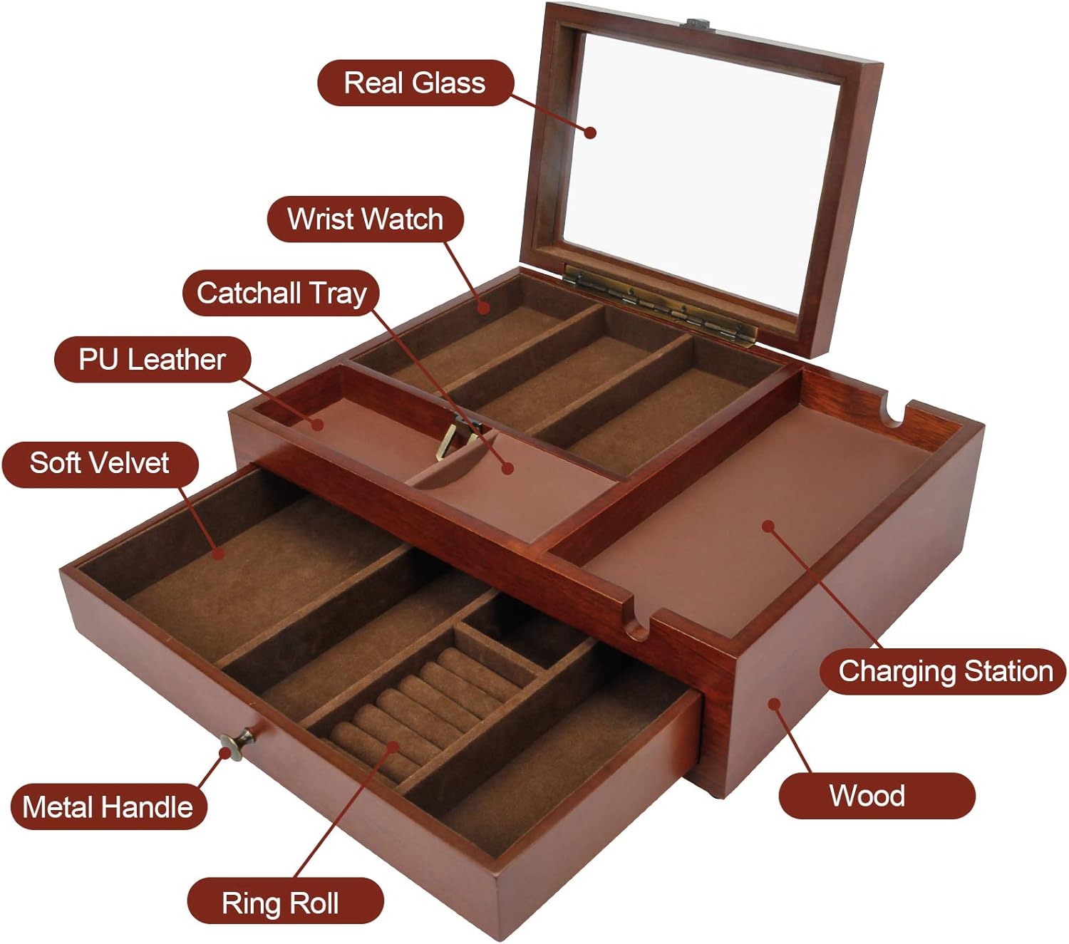 Homde Dresser Valet Organizer Wood Mens Storage Box with Large Smartphone Charging Station for Watches, Sunglasses, Jewelry and Accessories: Home Improvement
