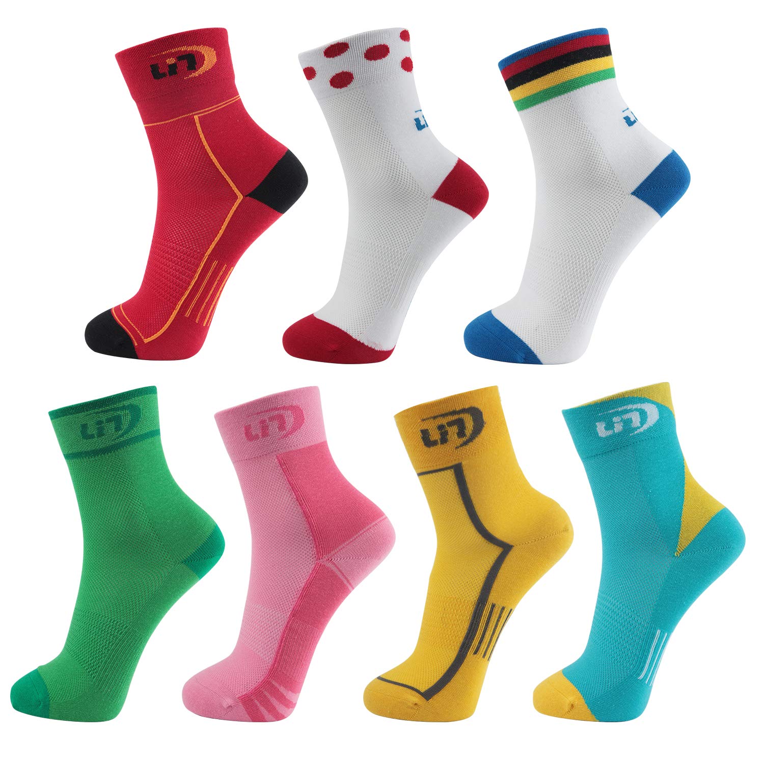 Lin 7 Pack Cycling Socks for Men and Women Funny Color Biking Socks Performance Athletic Crew