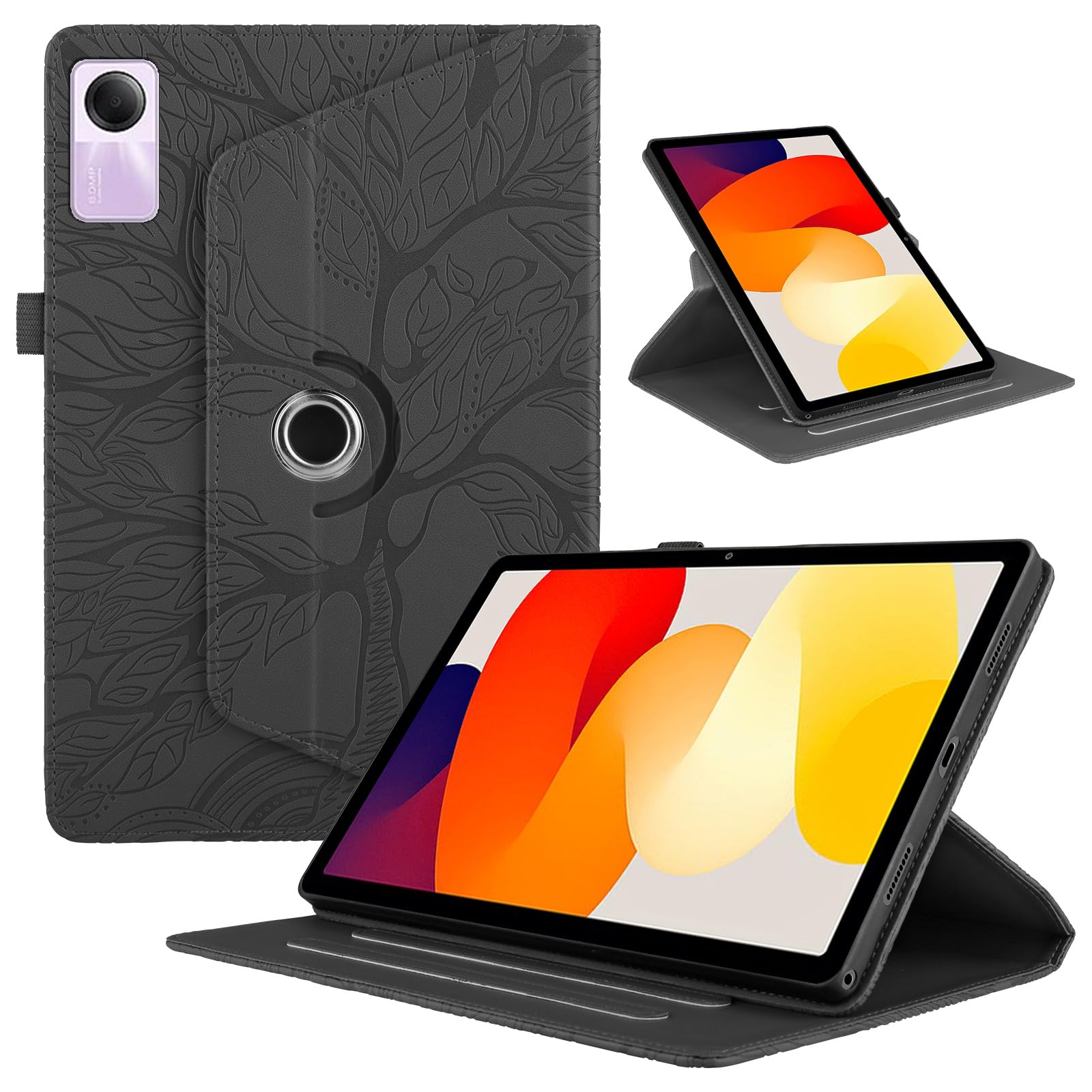 TEDTIKJT Rotating Case for Xiaomi Redmi Pad SE 11 Inch 2023 Flip Cover PU Leather Tablet Case 360 Degree Rotating Stand Protective for Xiaomi Redmi Pad SE Cover, Black Life Tree