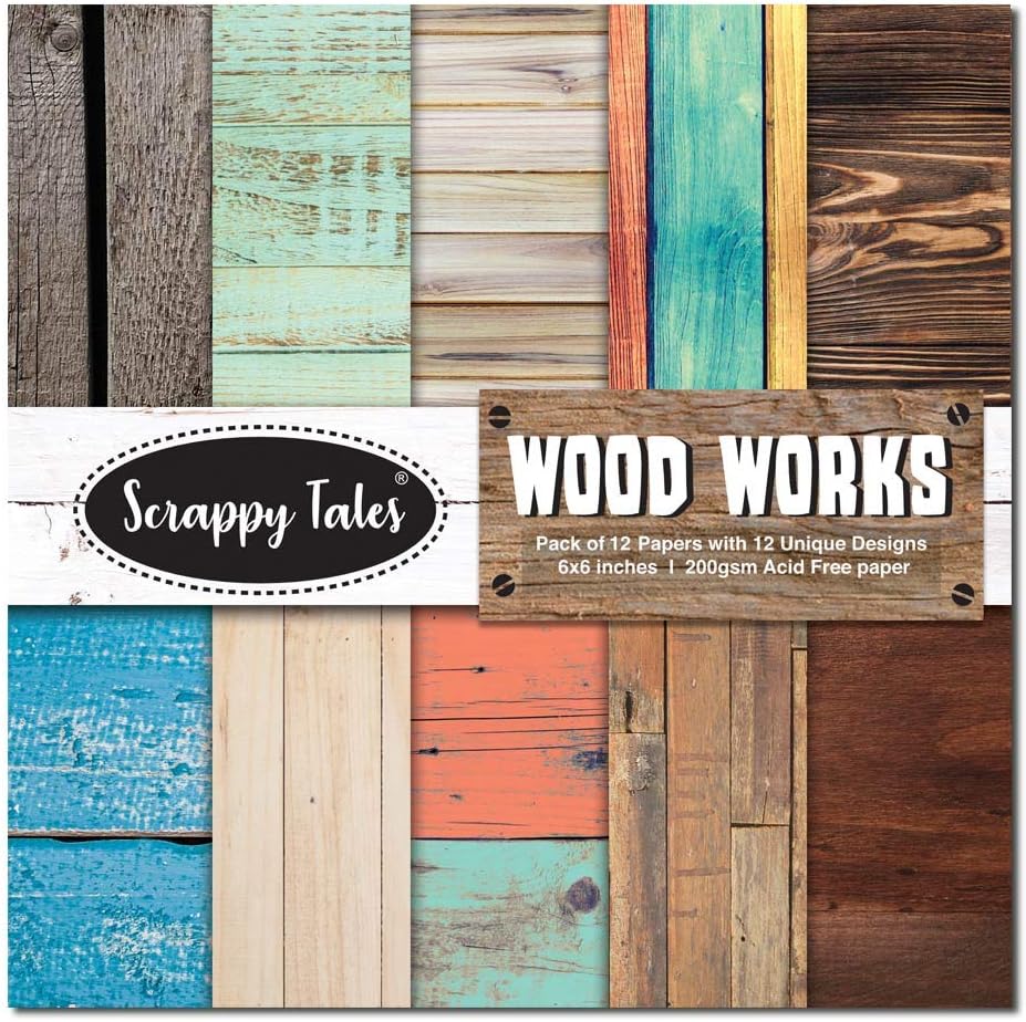 Scrappy Tales Wood Works Pattern Designer Printed Thick Paper for Scrapbooking, Card Making, 6x6 Inches, 12 Sheets