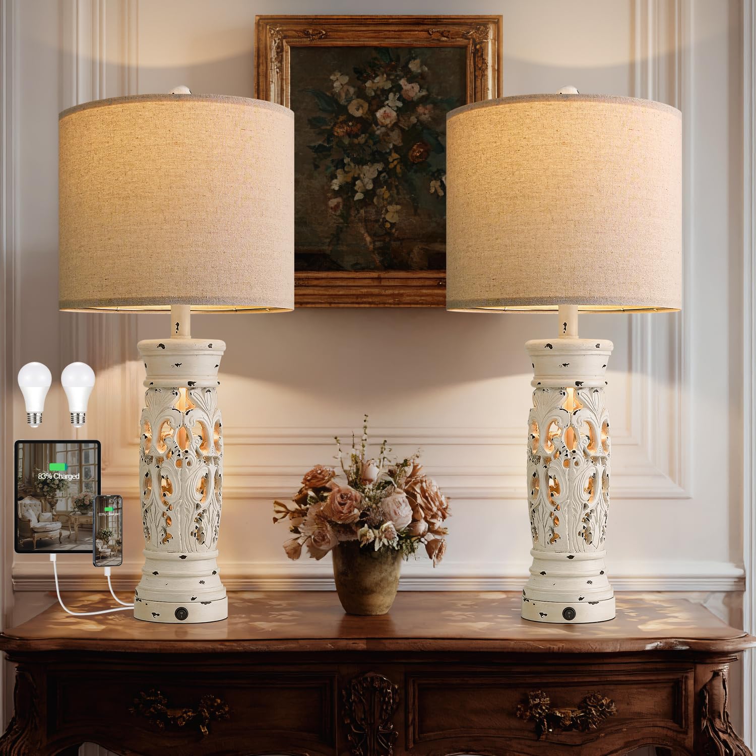 Photo 1 of BOBOMOMO 27.25” Farmhouse Table Lamps Set of 2 – Antique White Bedside Lamps with Night Light & USB A+C Ports, Vintage Lamps for Bedroom, Living Room, Entryway, Console Table (Bulbs Included)
