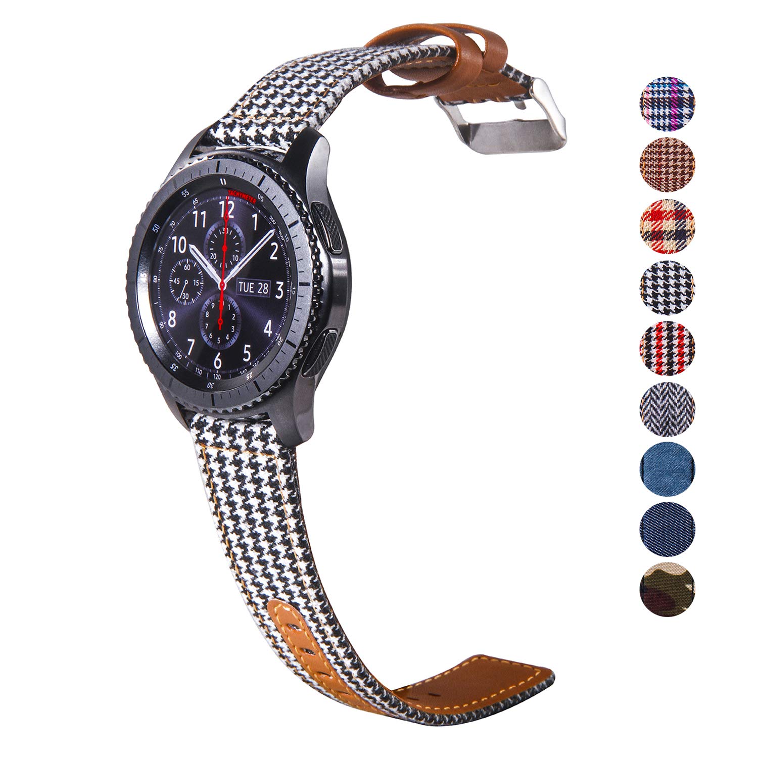 DEALELE Strap Compatible with Samsung Gear S3 Frontier/Classic/Galaxy Watch 46mm / Galaxy 3 45mm, 22mm Colorful Fabric Canvas Leather Bands Replacement for Huawei Watch 3 / GT2 46mm (Black/white)