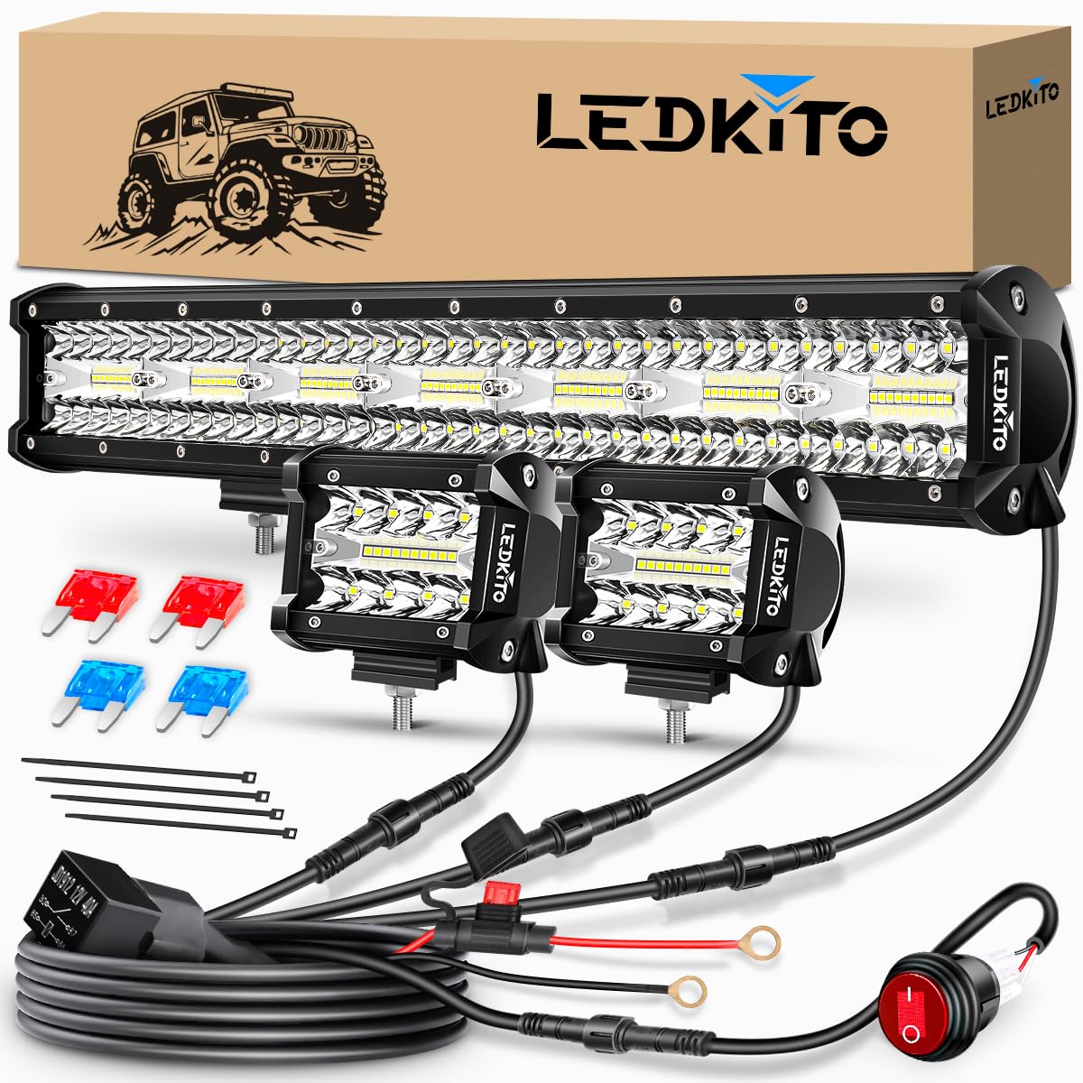 Photo 1 of LEDKITO 20 Inch LED Light Bar and 2PCS 4 Inch LED Pod Lights with Switch 3 Leads Wiring Harness Triple Row Spot Flood Combo Off Road Light LED Bar Light for Pickup Je-ep Truck Tractor UTV Boat