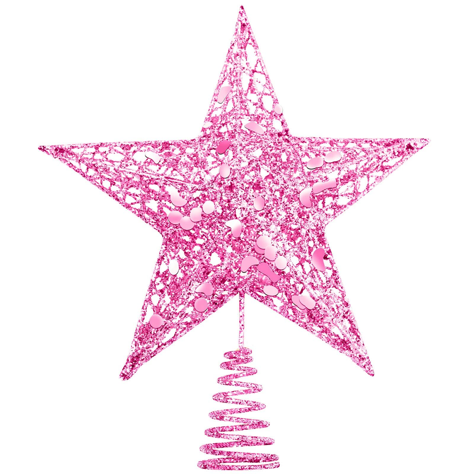 URATOT Glittered Christmas Tree Topper Metal Christmas Treetop Hallow Wire Star Topper for Christmas Home Decoration (Pink, 8 inches)