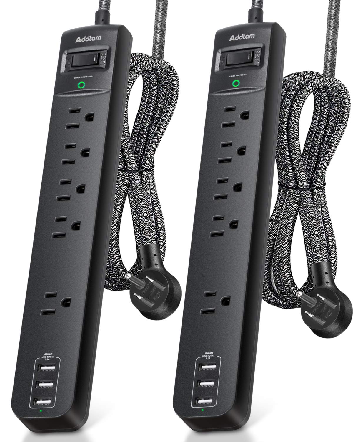 10Ft Long Surge Protector Power Strip - Extension Cord with Multiple Outlets, 5 Widely Outlets 3 USB Charging Ports, Flat Plug Overload Surge Protection, Wall Mount for Home, Office ETL Listed, 2 Pack Image