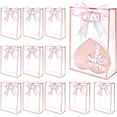 12 Pcs Clear Gift Bags with Handles 7.1"x10.2"x3.2" Plastic Party Favor Bag with Ribbon Reusable Goodie Bags Transparent Gift Wrap Bag Bulks for Valentine's Day Bridal Wedding Birthday (Pink)