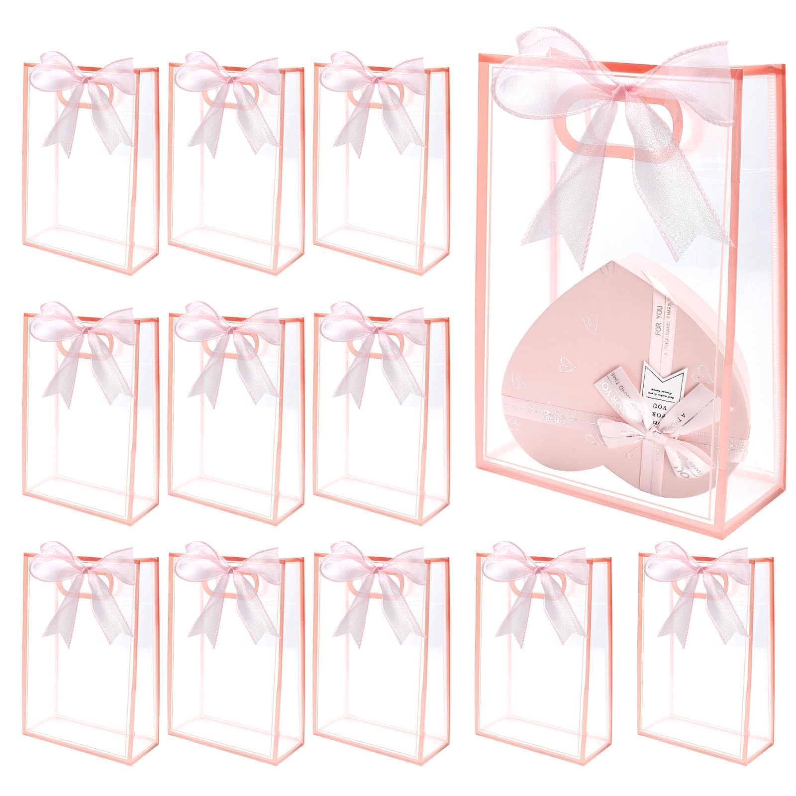 Photo 1 of 12 Pcs Clear Gift Bags with Handles 7.1"x10.2"x3.2" Plastic Party Favor Bag with Ribbon Reusable Goodie Bags Transparent Gift Wrap Bag Bulks for Valentine's Day Bridal Wedding Birthday (Pink)
