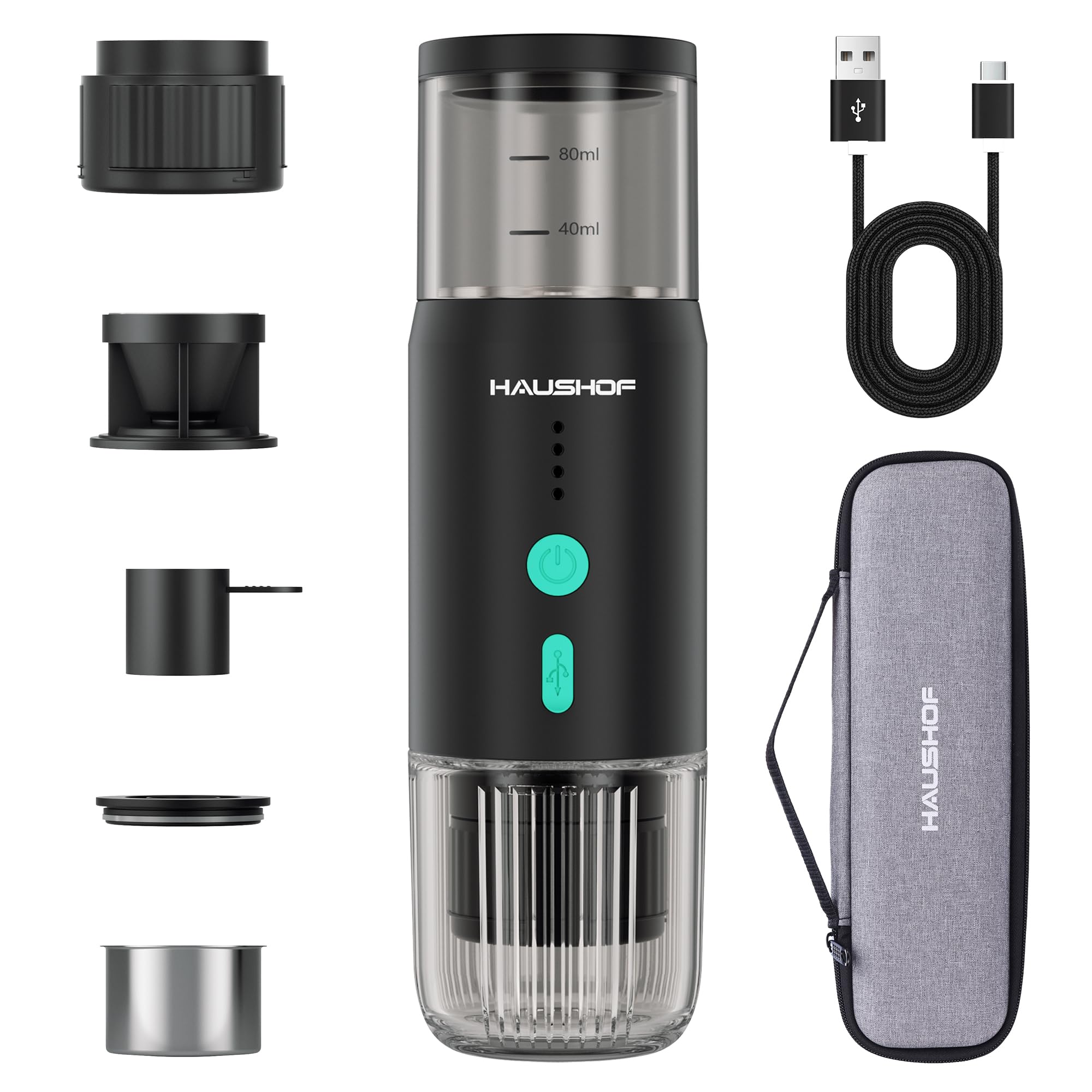 haushof portable electric espresso machine, 20 bar fast heat-up travel coffee maker, usb-c rechargea