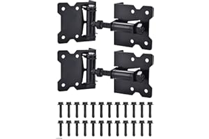 JIAHOO Self-Closing Gate Hinges Heavy Duty Door Hinges for Wooden/Vinyl/PVC Fences, 90 Degree Adjustable Gate Hinge Hardware Kit with Spring Adjuster Tool, Black(1 Pair-2 Hinges)