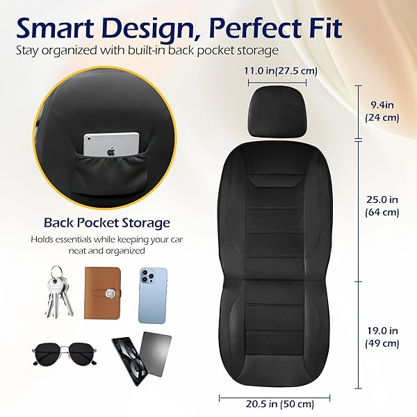 KINGPHENIX 2 PACK FRONT MEMORY FOAM LEATHER CAR SEAT COVERS, BREATHABLE 4D MESH, EASY INSTALL AUTOMOTIVE SEAT PROTECTORS, AIRBAG COMPATIBLE, UNIVERSAL FIT FOR CARS, TRUCKS, VANS, SUV – BLACK