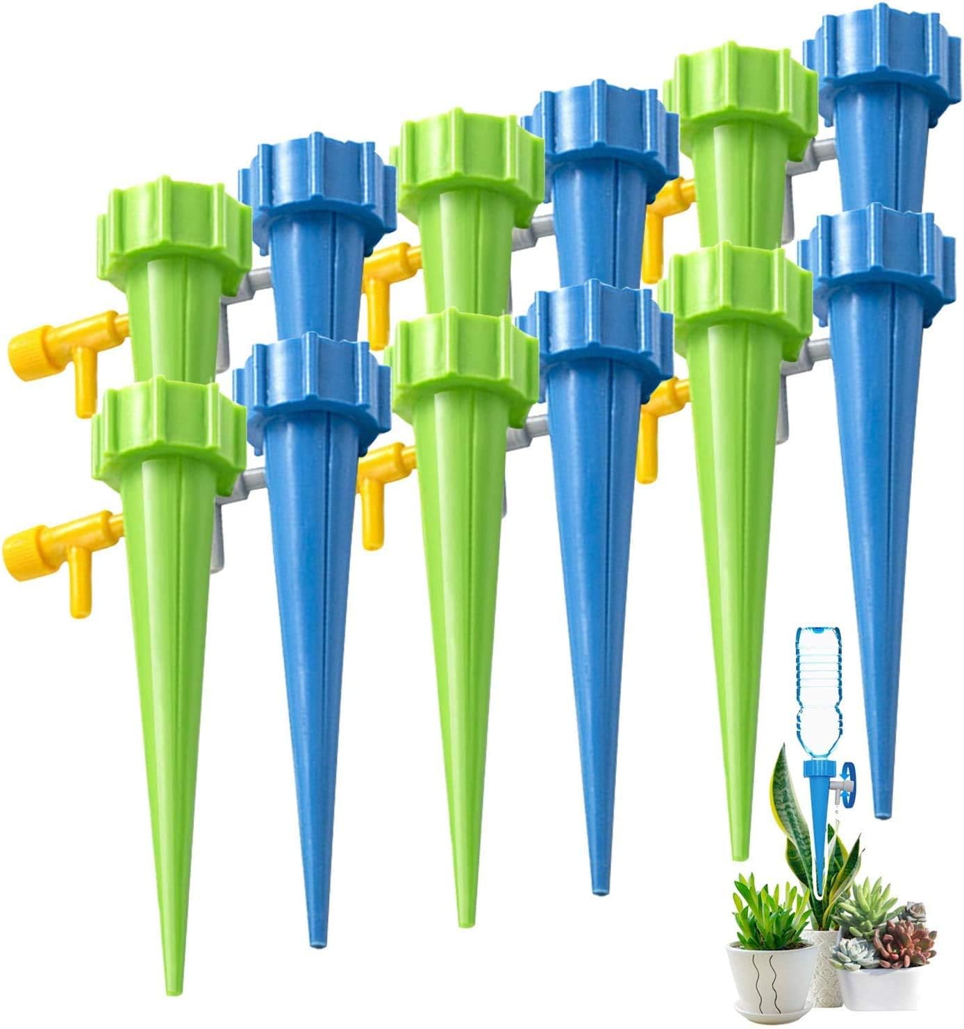 Self Watering Spikes, Slow Release Control Valve Switch Automatic Irrigation Watering Drip System, Adjustable Water Volume Drip System for Outdoor and Vacation Plant Watering-12Pack(6 green&6 blue)