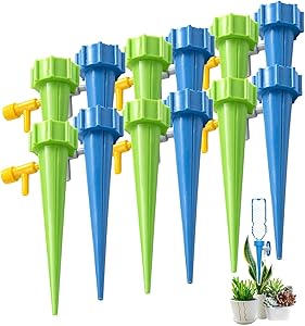 Self Watering Spikes, Slow Release Control Valve Switch Automatic Irrigation Watering Drip System, Adjustable Water Volume Drip System for Outdoor and Vacation Plant Watering-12Pack(6 green&6 blue)