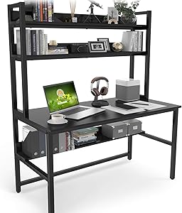 Computer Desk with Hutch and Bookshelf, 47 Inches Black Home Office Desk with Space Saving Design, Metal Legs Table Desk with Upper Storage Shelves for Study Writing/Workstation, Easy Assemble