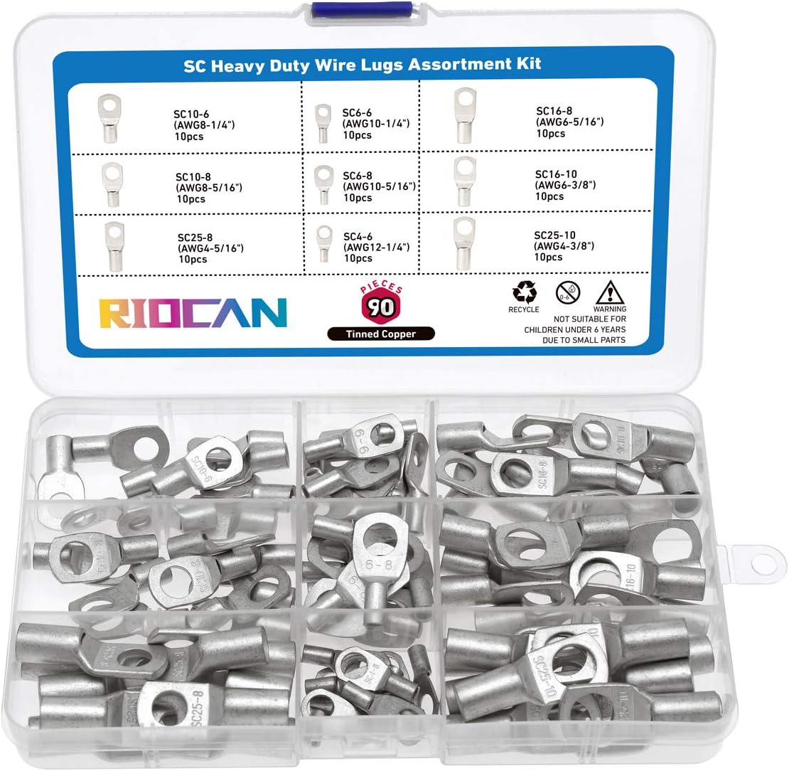 RIOCAN 90Pcs Heavy Duty SC Wire Cable Lugs Bolt Hole Tinned Copper Eyelets Tubular Battery SC Ring Terminals Connectors Assortment Kit with Case : Sports & Outdoors