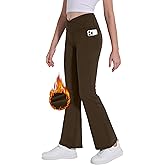 Desol Girl's Fleece Lined Flare Leggings with Pockets Crossover High Waisted Dance Bootcut Yoga Pants for Winter