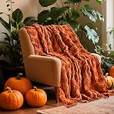 Throw Blanket for Couch – 50"x60" 3D Embroidered Blankets, Soft Cozy Faux Fur Flannel Blanket, Warm Blanket for Sofa Bed Living Room (Rust Red Blanket, Fall Pumpkin)