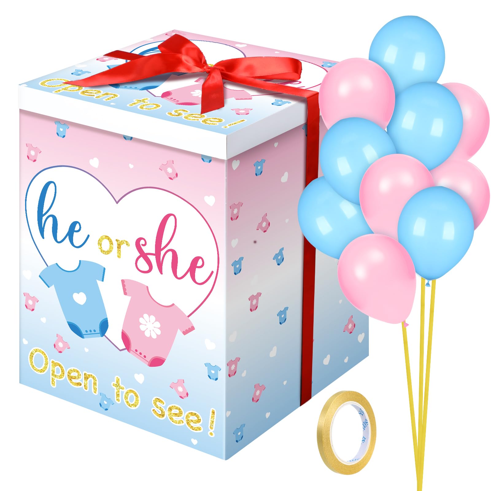 Photo 1 of Hungdao Gender Reveal Balloon Box with Ribbon and 10 Pink and Blue Balloons Gender Reveal Games He or She Open to See for Party Decoration 12"x12"x16"(Cloth)