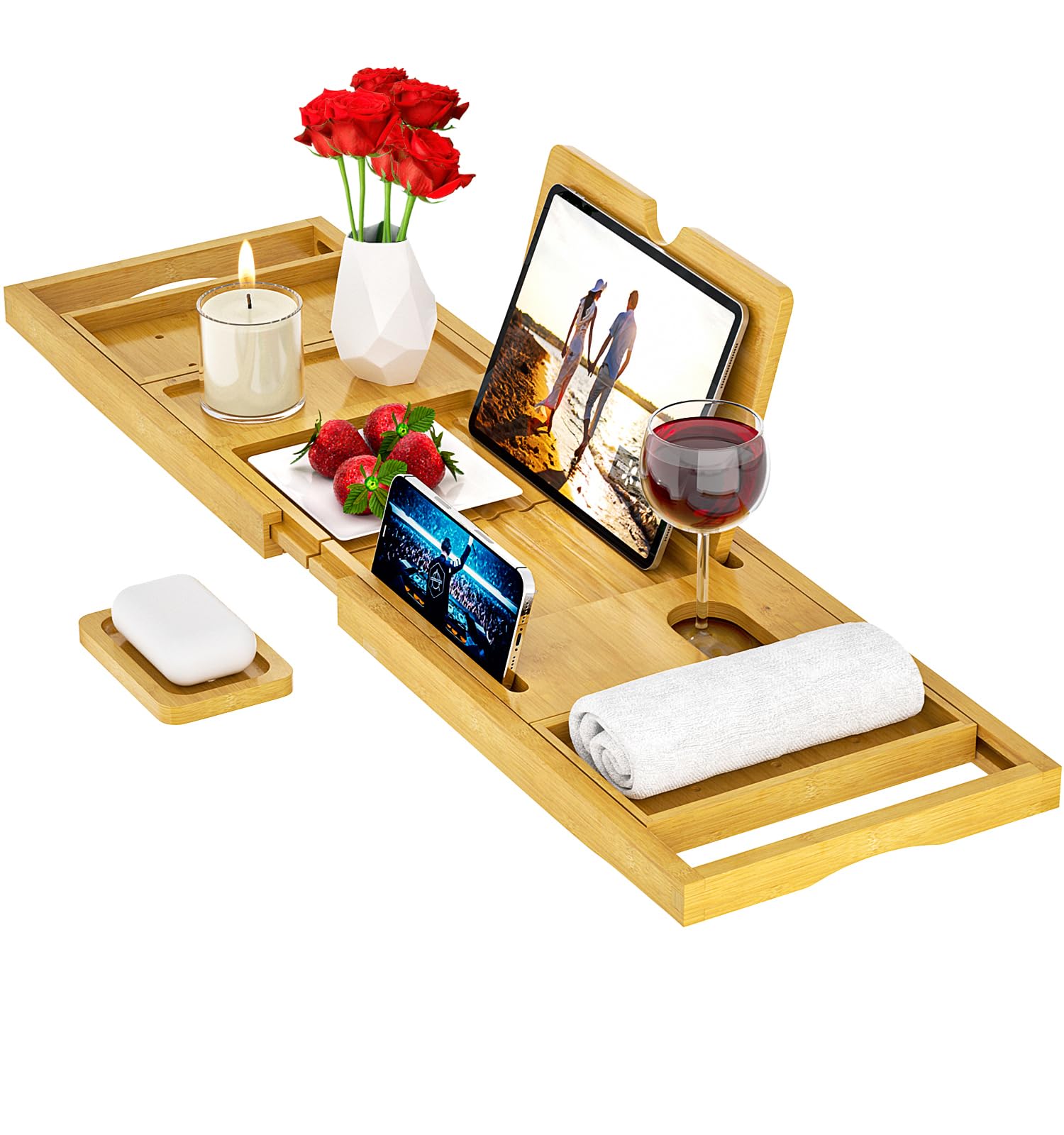Banlilu Premium Bathtub Caddy Tray - Expandable Bath Tray - Adjustable Bathroom Tray Tub - Luxury Bath Caddy Tub Table - Unique House Warming Gifts New Home…, Natural, 23x36