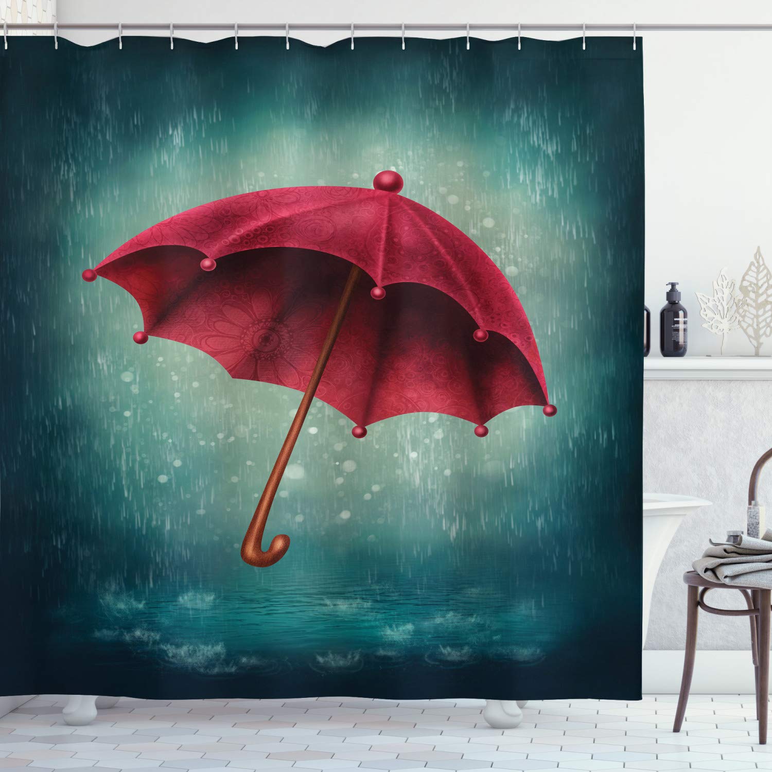 ABAKUHAUS Winter Shower Curtain, Retro Wooden Handle Under Fall Rainfall Torrent of Rain Urban Image Art Print, Cloth Fabric Bathroom Decor Set with Hooks, 78" Inches, Teal