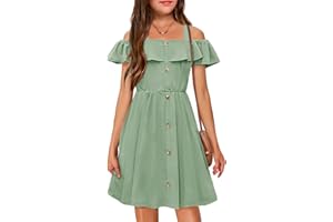 Arshiner Girls Dresses Summer Spaghetti Strap Cold Shoulder Ruffle Button Down A Line Dresses