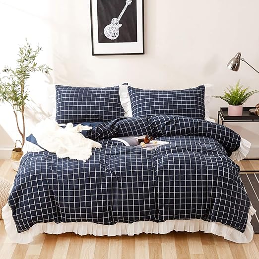 Amazon Com Zyen Navy Blue Duvet Cover 100 Washed Cotton Ruffle