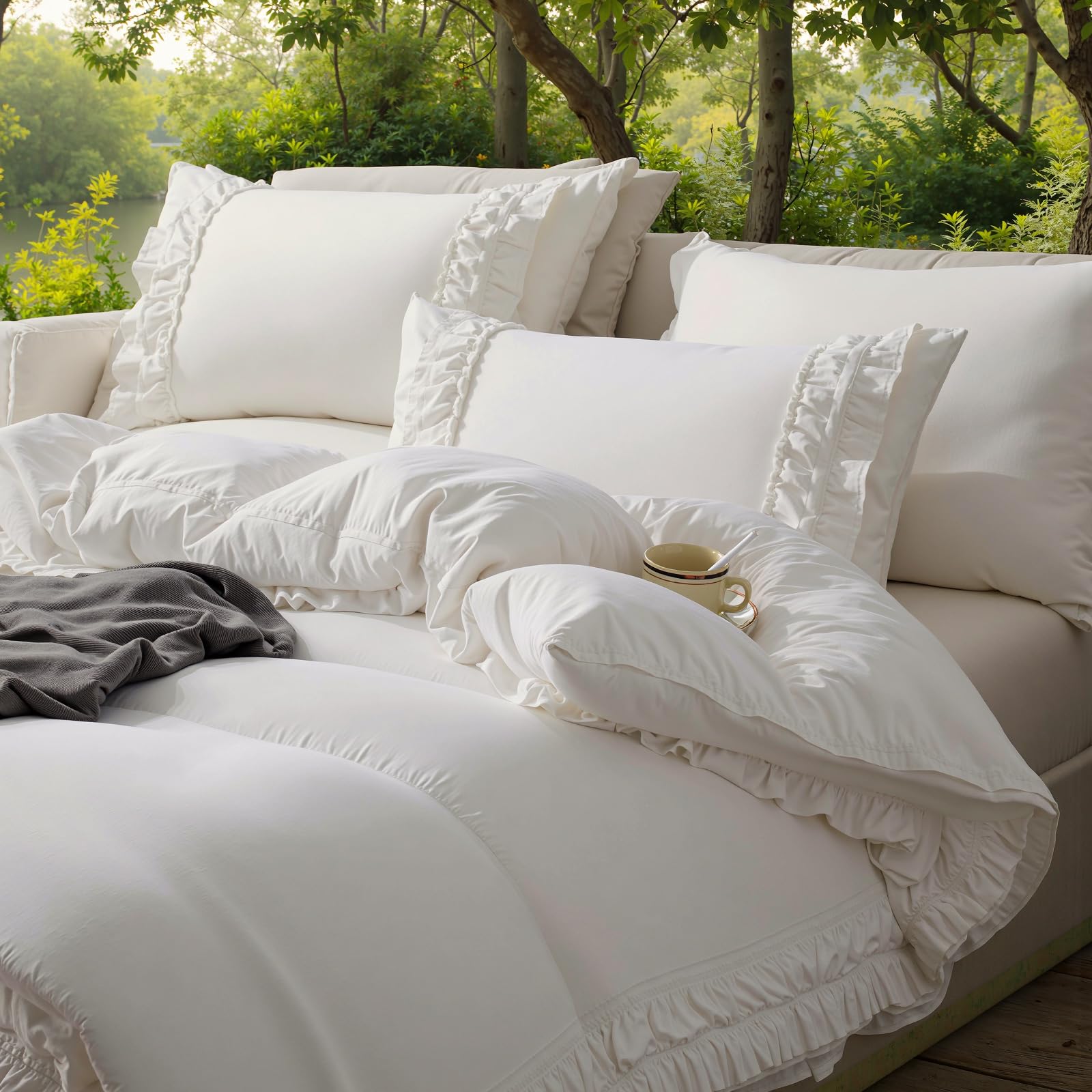 Photo 1 of Merryword 100% Cotton Ruffled Comforter Set King, White Shabby Chic Farmhouse Bedding Set French Country Cute Comforter Set
