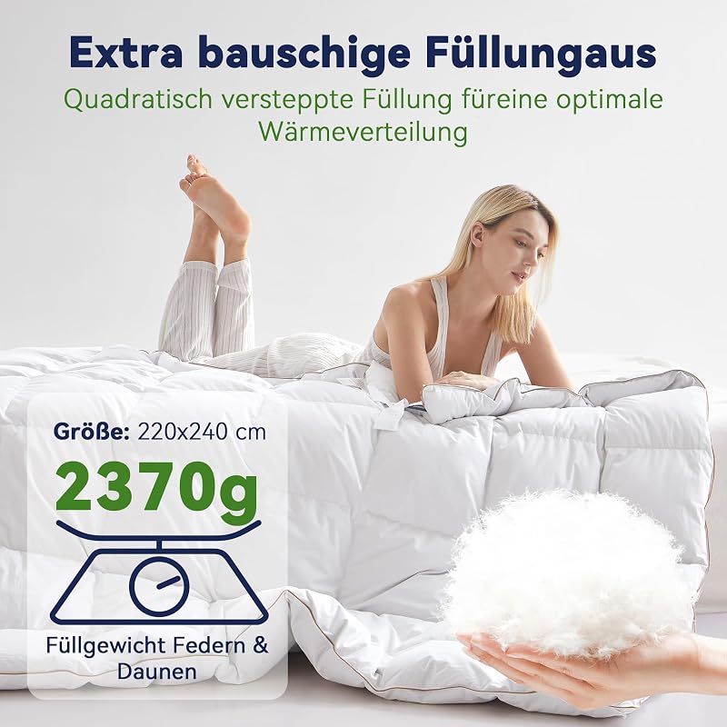Komfort Bettdecke 220x240 | 100% Weiche Federn & Daunen | Oeko-Tex, RDS Zertifiziert für Tierwohl | Ganzjahres Federbett Daunendecke 240x220cm Bezug aus 100% Baumwolle — Foto 3 von 7