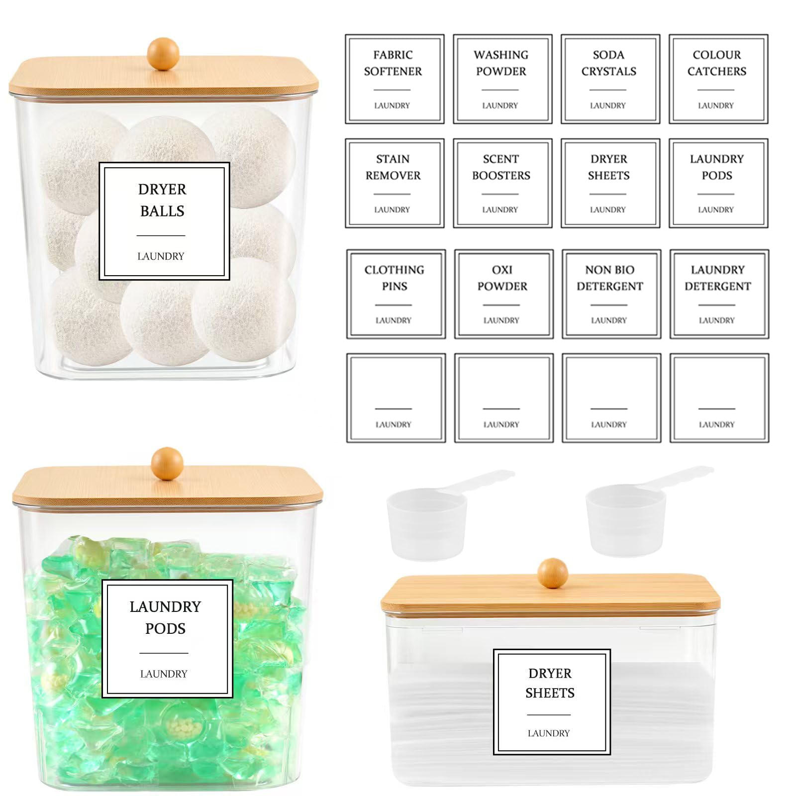 Photo 1 of 3 Pack Laundry Pods Container, Clear Laundry Detergent Container & Dryer Sheet Holder for Laundry Room Organization and Storage with Bamboo Lids, Labels & Scoops for Scent Booster and Powder