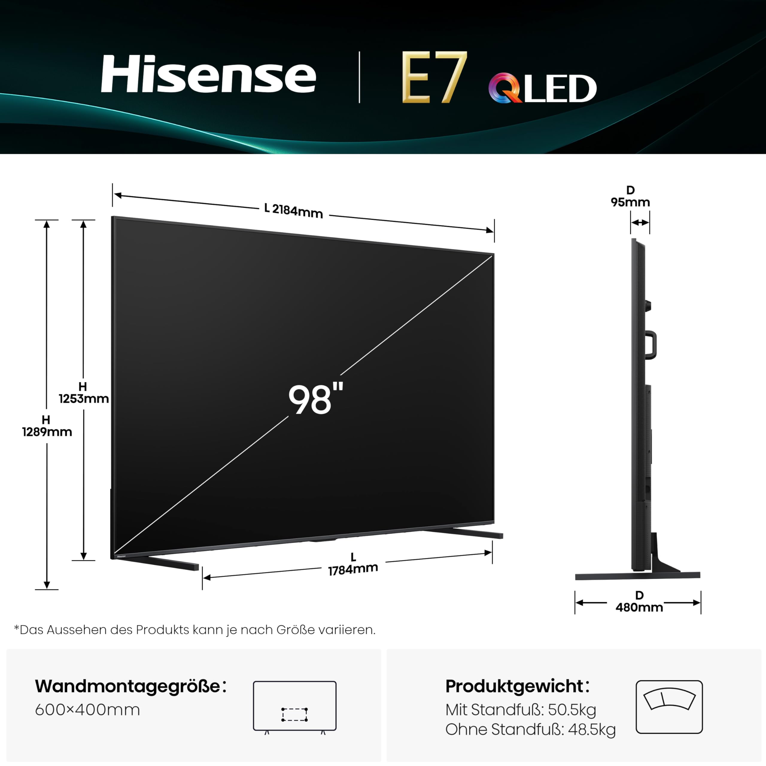 Hisense 98E7Q Fernseher, 98 Zoll, 2480 Mm, 4K UHD QLED, Smart TV, 144Hz Game Mode PRO, AI 4K Upscaler, Smoothmotion, Lichtsensor, Colour, Dolby Vision Atmos, Sprachsteuerung, EZPlay 2