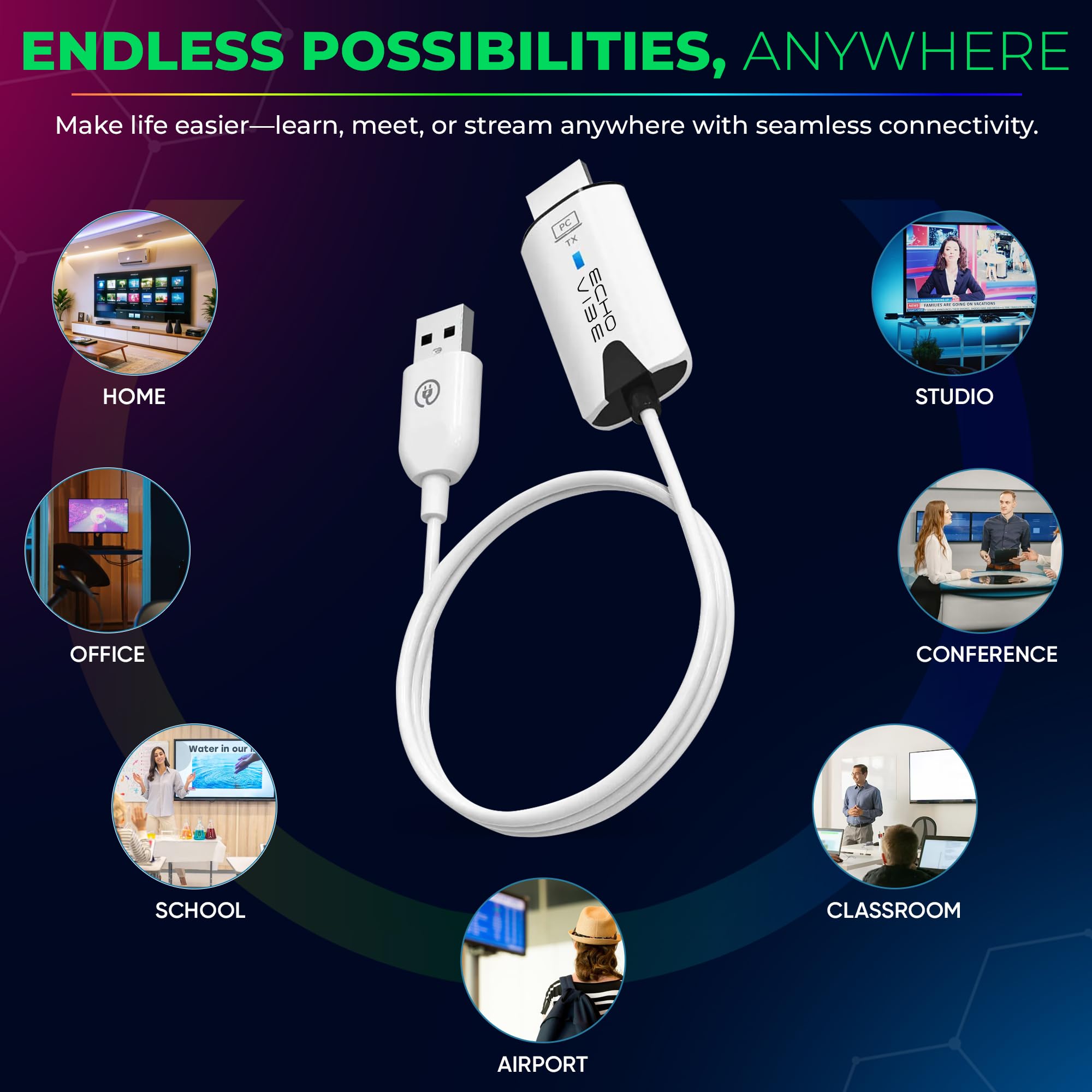 ECHO VIBE Wireless HDMI Transmitter and Receiver 30m Range – 1080P 60HZ Portable Ultra-Lightweight Wireless Extender for Video Projector, Laptop, PC – Extender Compatible with All OS