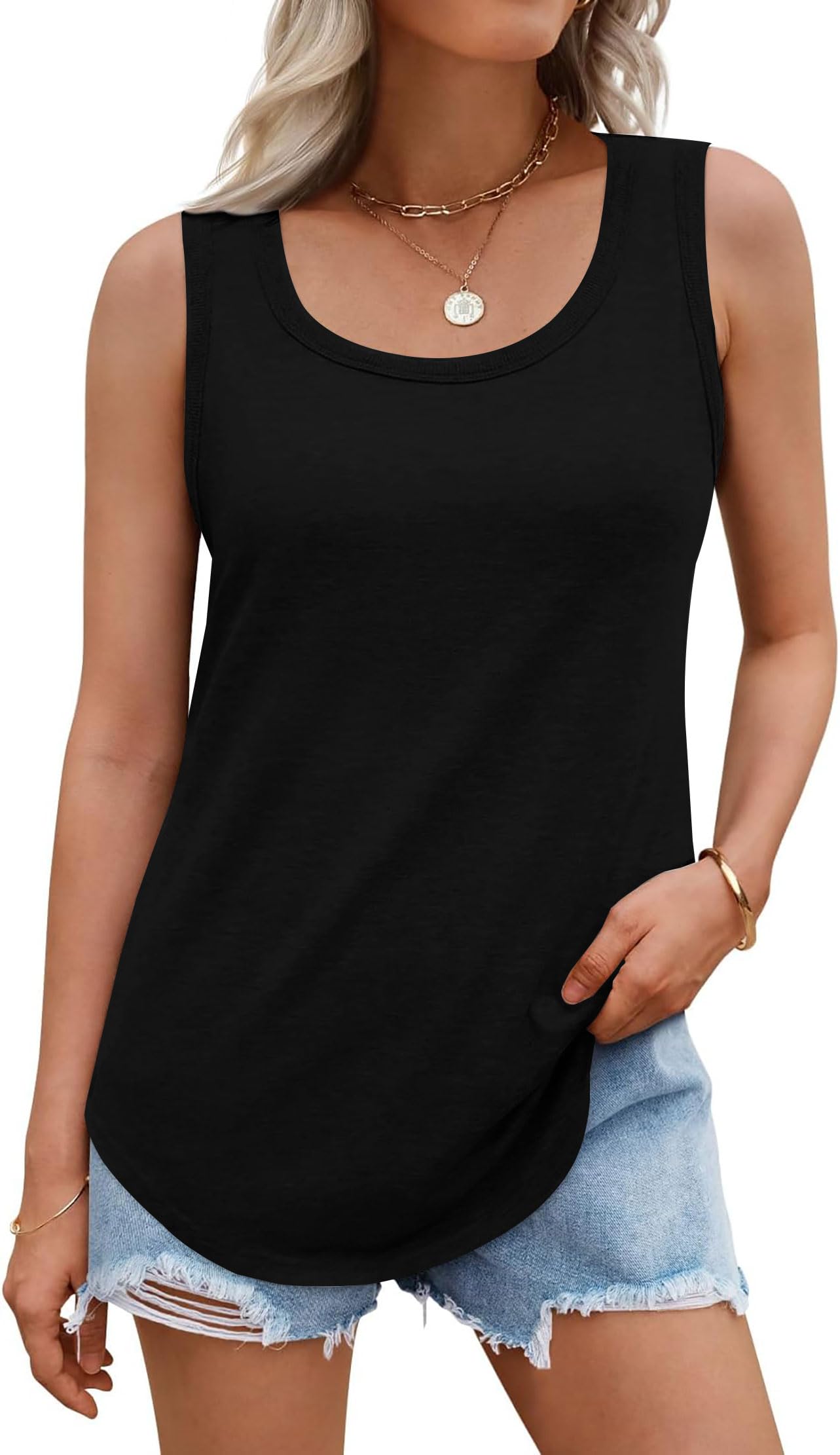 Photo 1 of Tank Tops for Women Summer Sleeveless Casual Loose Fit Tunic Tops, Pure Black, M