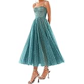 A Line Glitter Tea Length Formal Evening Cocktail Party Dresses for Women, Sequined Spaghetti Midi Corset Prom Gowns