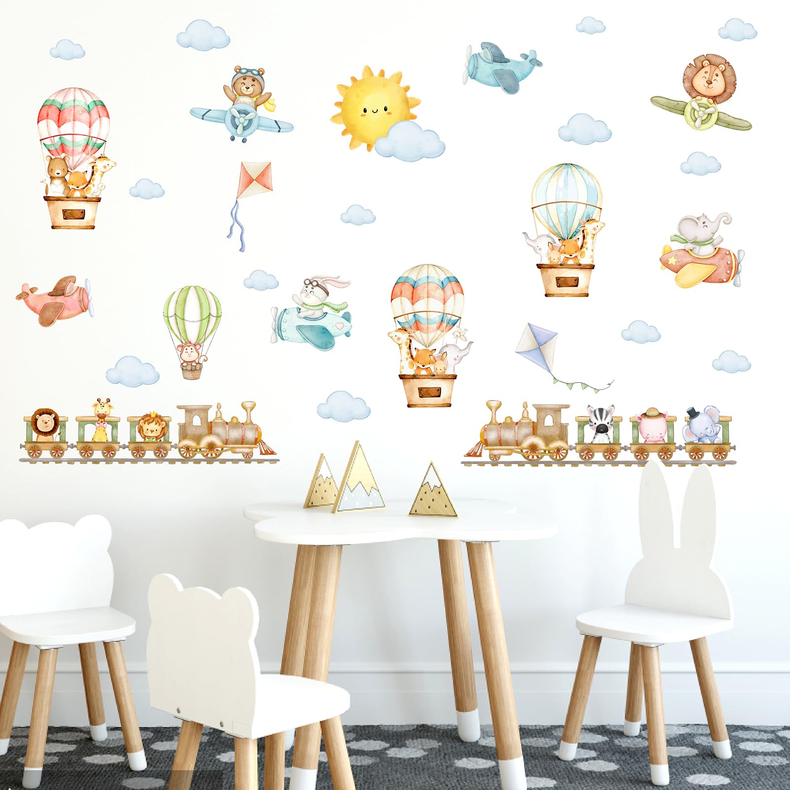 MOSITU Train Animal Wall Decals 37 Pcs Cartoon Stickers with Airplane Hot Air Balloon Sun Clouds for Nursery Kids Room Playroom Decor — image 1