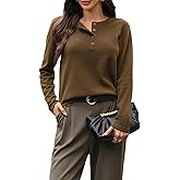 AMZANGEL Women's 100% Wool Sweater Henley Crew Neck Knit Pullover Sweater Half Button up Jumper Office Casual Outfits
