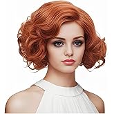 Gerulyss Short Copper Red Wavy Wigs for Women Auburn Curly Natural Synthetic Wig Ginger Middle Part Full Wig for Role Play,Halloween,Daily Use