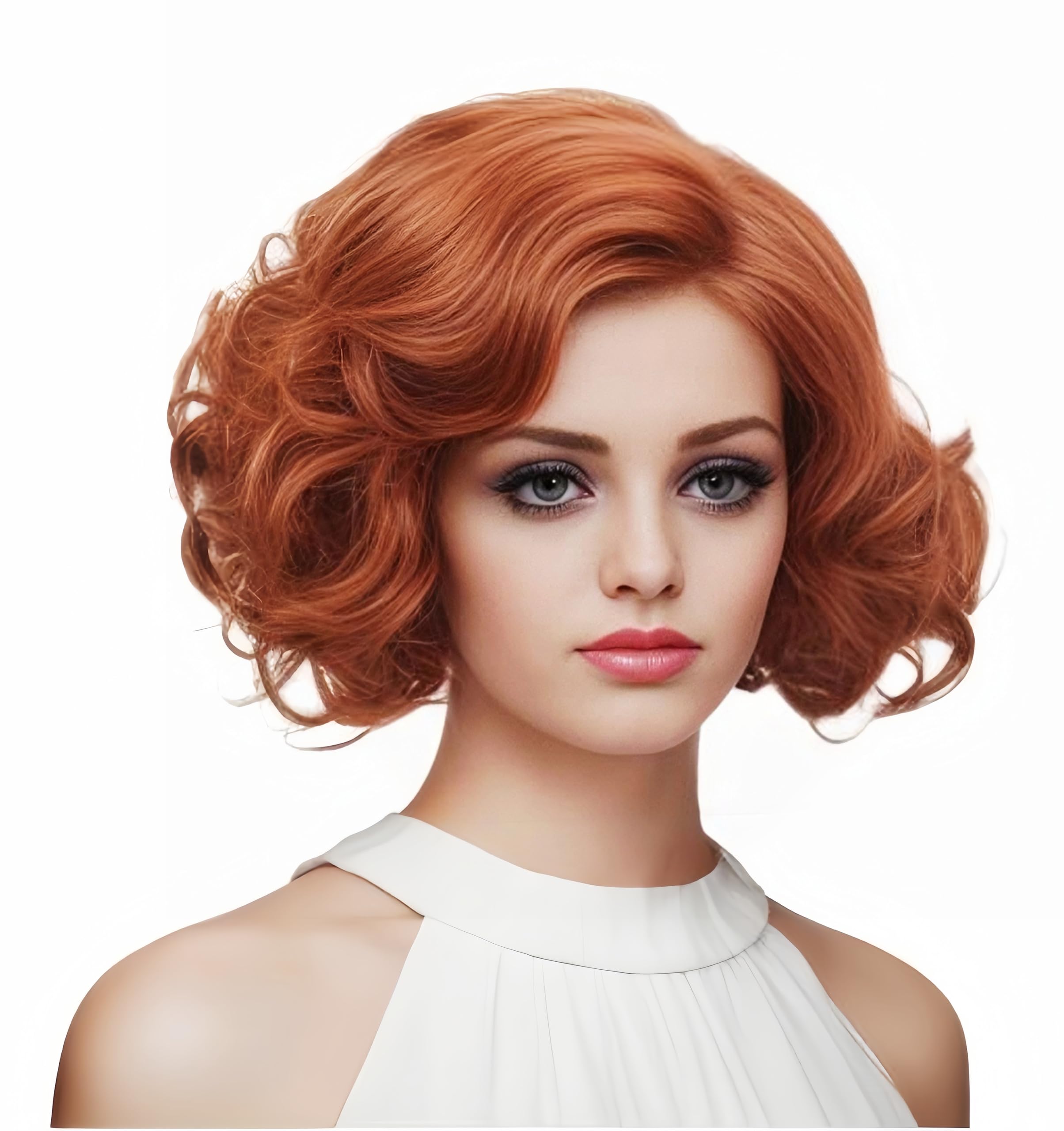 Photo 1 of Gerulyss Short Copper Red Wavy Wigs for Women Auburn Curly Natural Synthetic Wig Ginger Middle Part Full Wig for Role Play,Halloween,Daily Use