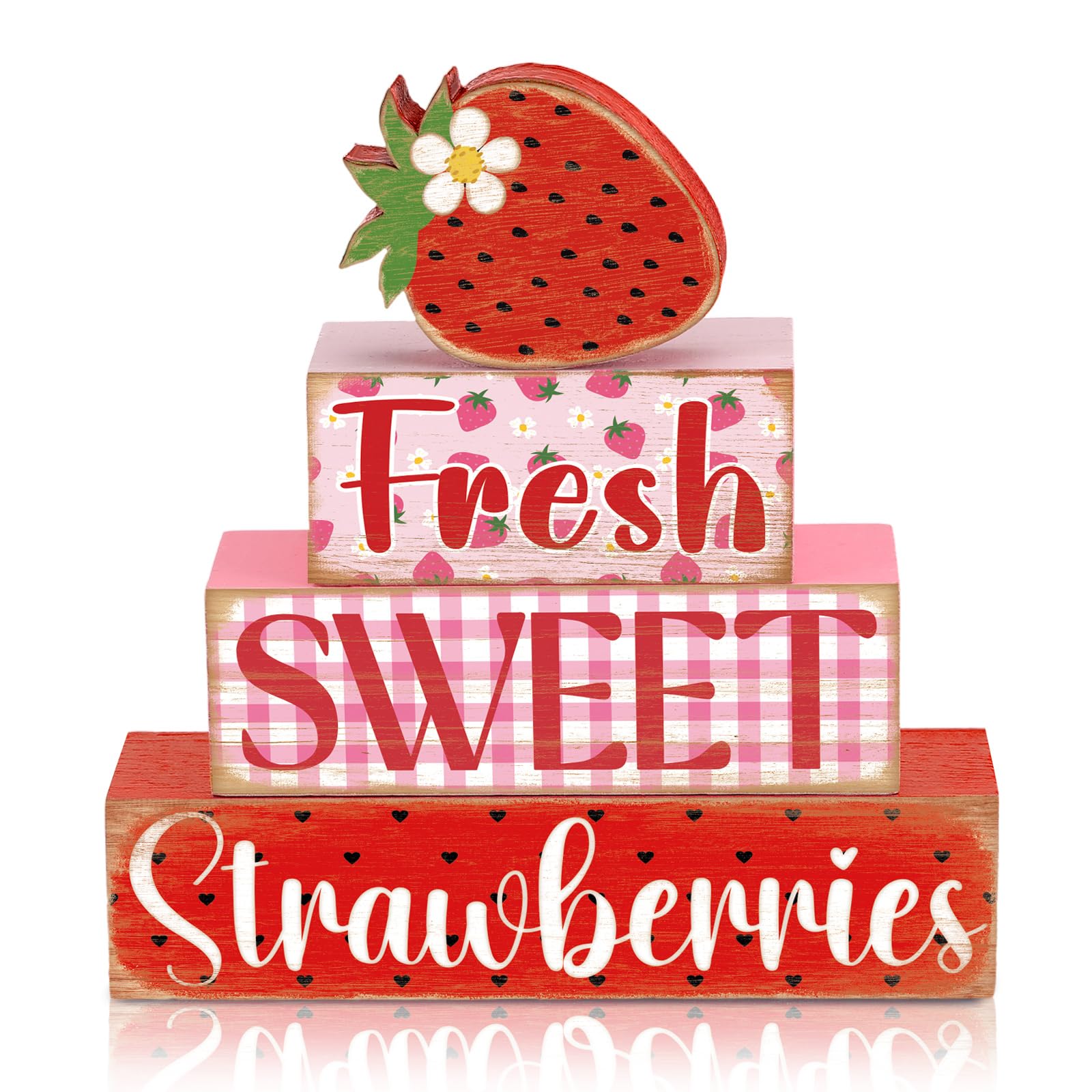 Photo 1 of Burbell 4 Pcs Summer Wooden Tiered Tray Decor Farmhouse Rustic Table Decor Books Stack Block Signs for Table & Home Office Decorations(Strawberry Style)