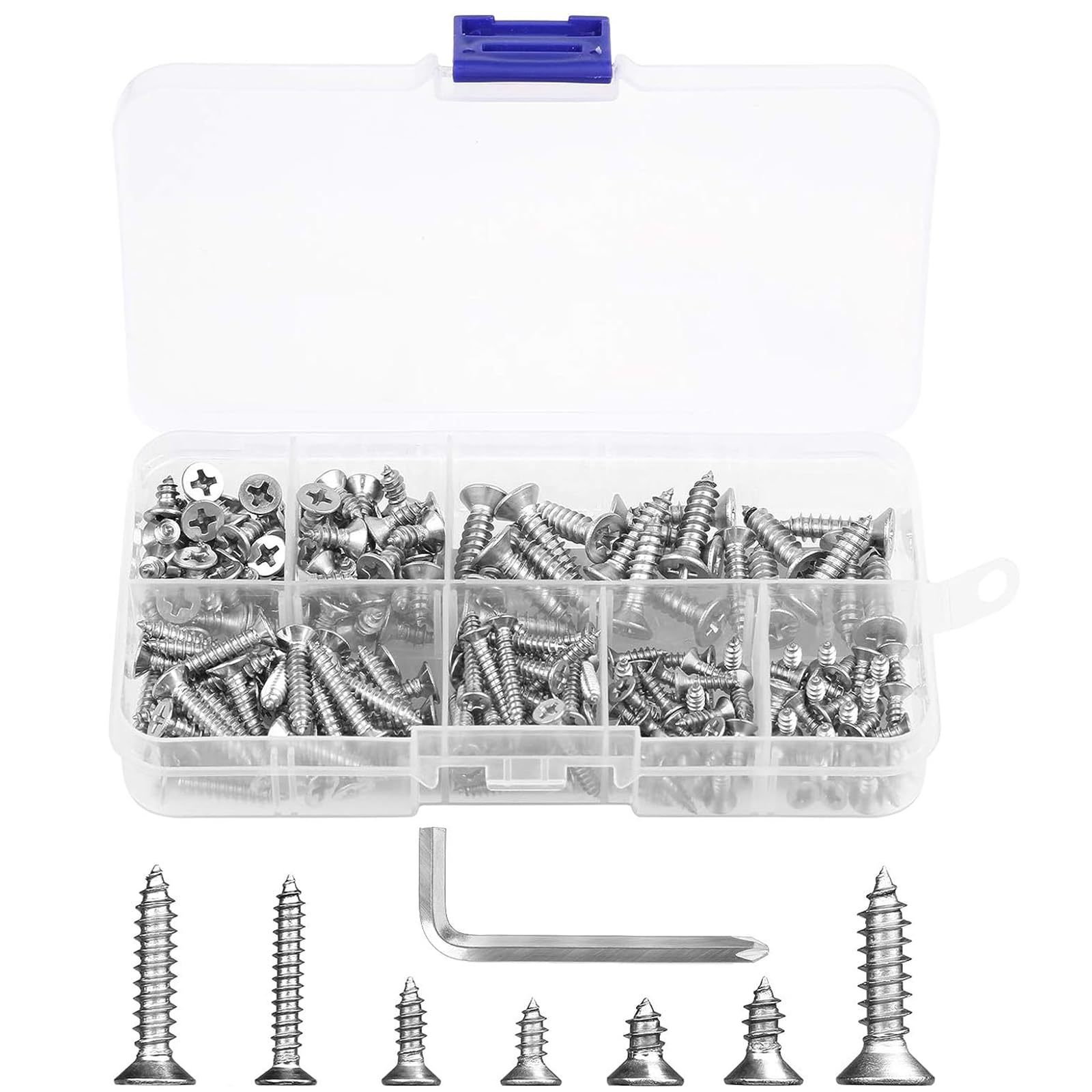 200Pcs Wood Screws M3 M4 M5, Cross Drive Flat Head Screws Assortment Kit, 304 Stainless Steel Self Tapping Drywall Screws with Wrench 7 Sizes