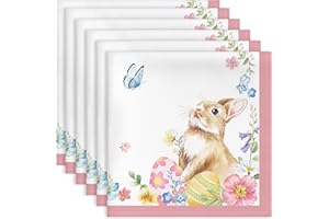Arquiel Easter Bunny Eggs Napkins, 18×18 inch Spring Flower Dinner Cloth Napkins Set of 6, Washable Cotton Soft Absorbent Squ