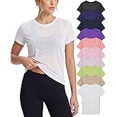 Sexy Basics Women's Crew Short Sleeve Tops | Semi Sheer Slub Burnout Fabric Workout T Shirts | Multi Packs & Colors