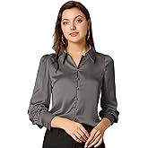 Allegra K Women's Satin Blouse Puff Long Sleeve Collared Button Down Shirt Dressy Office Work Top Business Casual