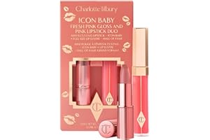 Charlotte Tilbury Icon Baby Lip Duo Kit - Mini K.I.S.S.I.N.G Satin Shimmer Lipstick & Full Size Hall of Fame High Shine Gloss Set - Hydrating Long Lasting Makeup Duo for On-the-Go Glossy Shine