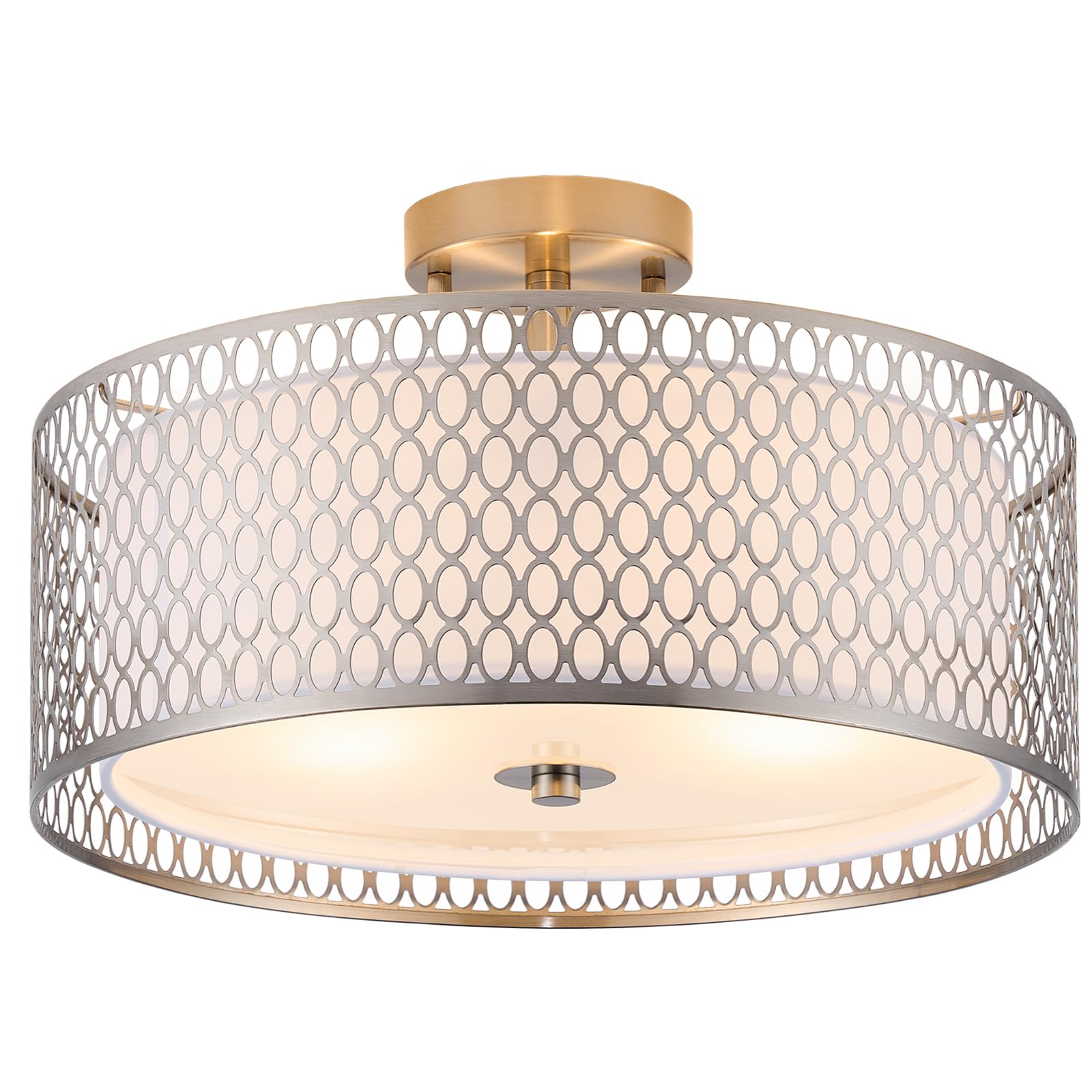 Photo 1 of 17" Semi Flush Mount Ceiling Light Fixture, Modern 3-Light E26 Double Drum Ceiling Lighting with White Fabric Lampshade and Gloden Iron Mesh Cage for Living Room Bedroom, Brushed Nickel