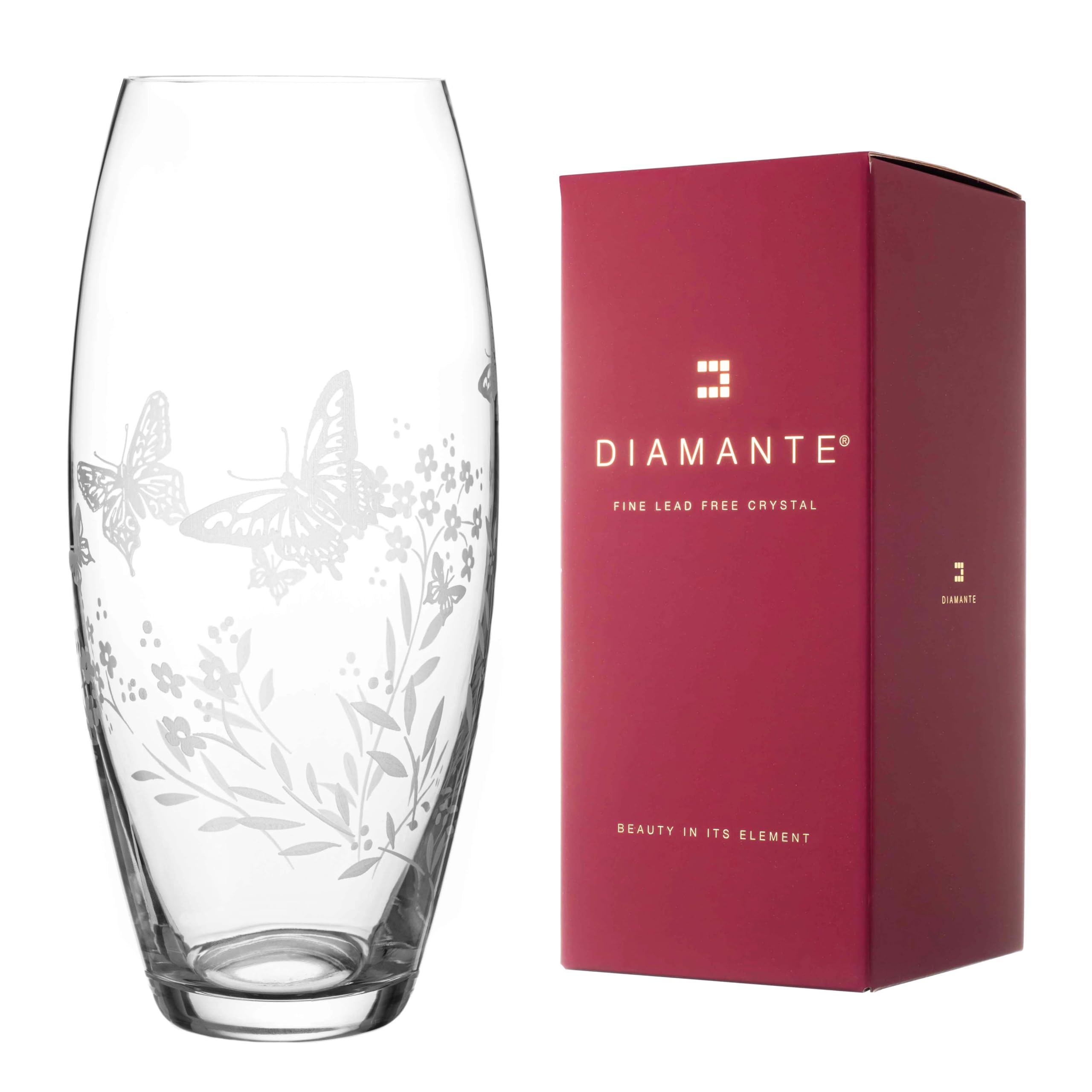 DIAMANTE Butterfly Vase - Etched Butterfly Filigree Wild Flower Floral Pattern - 30cm Clear