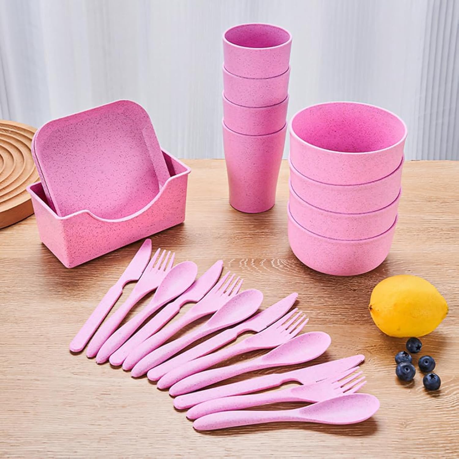 OriGlam 25pcs Plates and Bowls Set, Plastic Dinnerware Set for Picnic, Party, Camping - Microwave Safe (Pink)