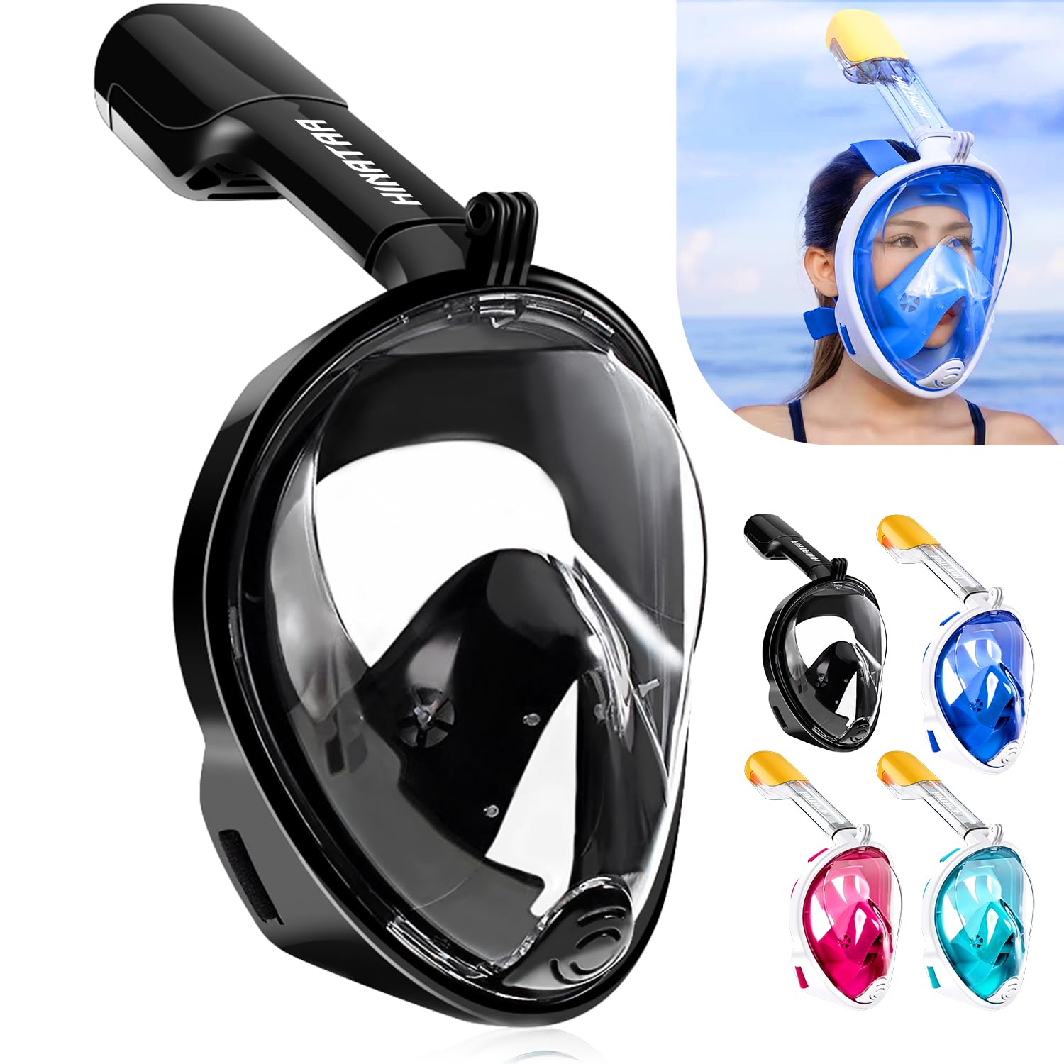 HINATAA Snorkel Mask 180°Full Face, Diving Mask Free Breathing Design Anti-Fogging and Anti-Leak Technology with Adjustable Head Straps for Adult Youth Kids (S/M, Black)